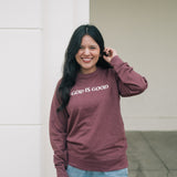 God is Good Embroidered Crew Neck Sweatshirt in Port