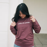 God is Good Embroidered Crew Neck Sweatshirt in Port