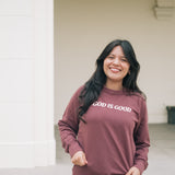 God is Good Embroidered Crew Neck Sweatshirt in Port