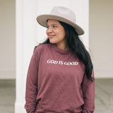 God is Good Embroidered Crew Neck Sweatshirt in Port