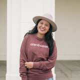 God is Good Embroidered Crew Neck Sweatshirt in Port