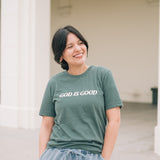 God is Good Embroidered T-shirt in Pine