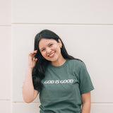 God is Good Embroidered T-shirt in Pine