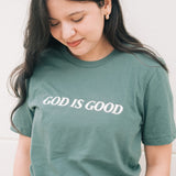 God is Good Embroidered T-shirt in Pine