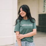 God is Good Embroidered T-shirt in Pine